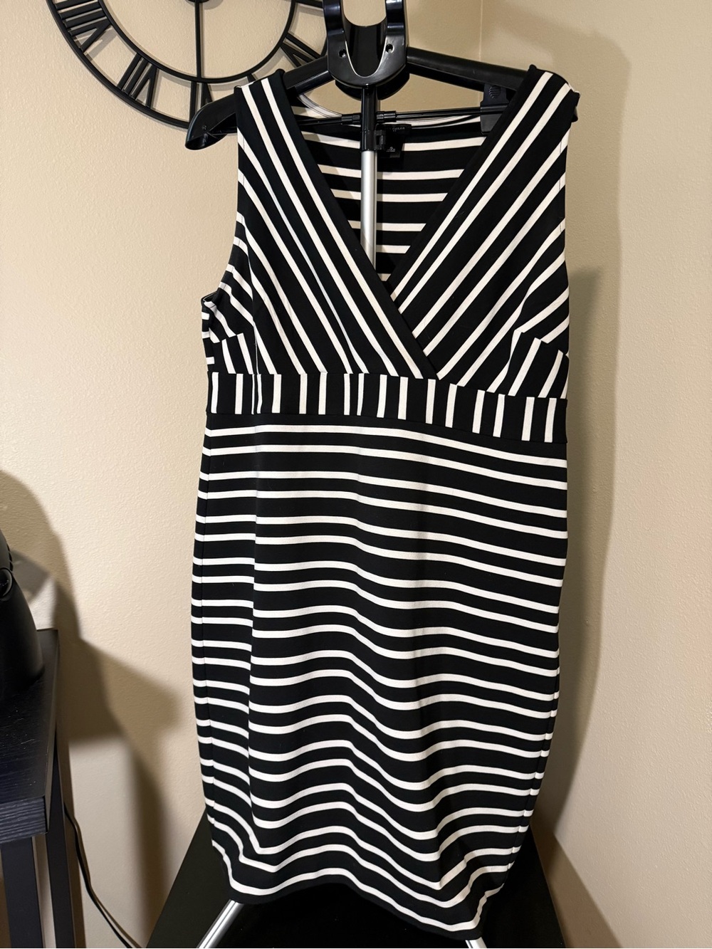Ann Taylor Black and White Striped V-Neck Dress